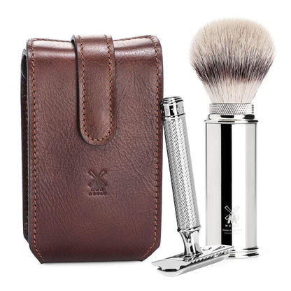 MÜHLE Travel Reiserasierset: silberner Sicherheitsrasierer, Pinsel mit Silvertip Fibre Borsten für präzise Nassrasur auf Reisen.
