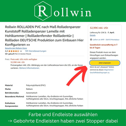 Rollwin PVC-Rolladenpanzer nach Mass mit Hohlkammerlamellen
