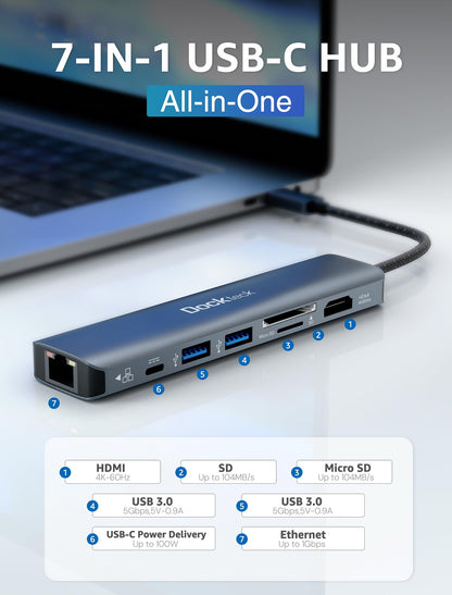Dockteck DD0003 USB-C Hub 7-in-1 mit 4K HDMI, Ethernet und 100W PD