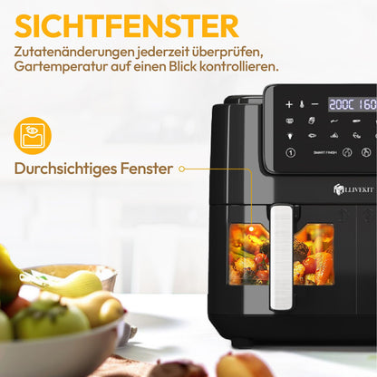 LLIVEKIT Heissluftfritteuse 9L Doppelkammer Airfryer mit Sichtfenster