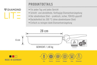 Woll Diamond Lite Viereckpfanne 28x28 cm – Antihaft, abnehmbarer Stiel