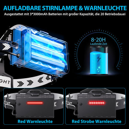Glarylight LED-Stirnlampe wiederaufladbar, 120000 Lumen, IPX7, zoombar