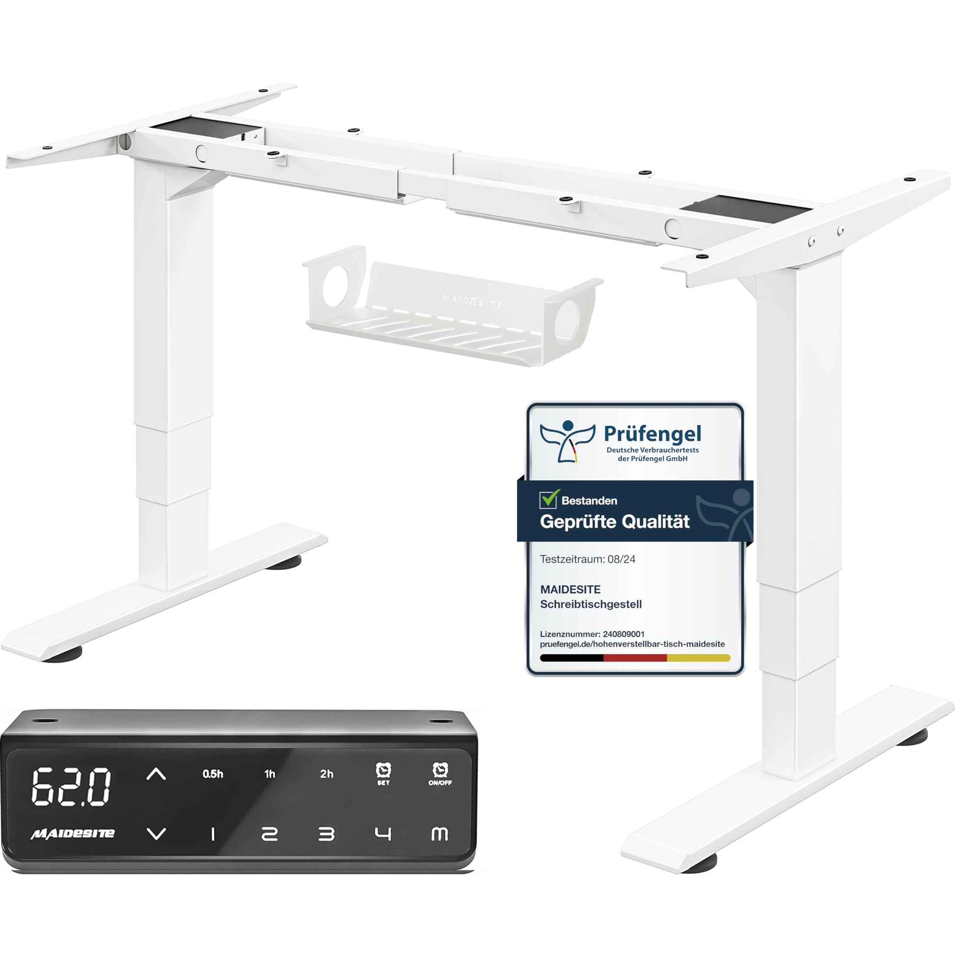 MAIDeSITe T2 Pro Plus Elektr. Sitz-Steh Schreibtisch 3-stufig: Rechteckige Platte mit Unterbau zur Höhenverstellung.