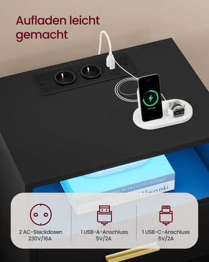 VASAGLE CUSTOS Nachttisch mit Ladestation, 2er Set, tintenschwarz