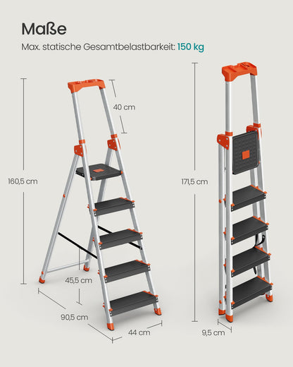 SONGMICS GLT05BK Alu-Leiter 5 Stufen - Schwarz-Orange