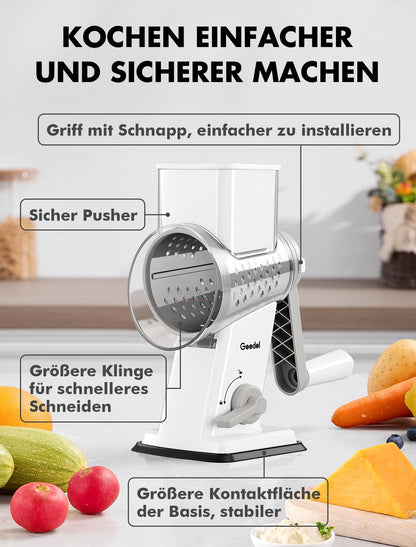 Geedel Käsereibe, Gemüseschneider mit Kurbel und 4 Klingen, Weiss