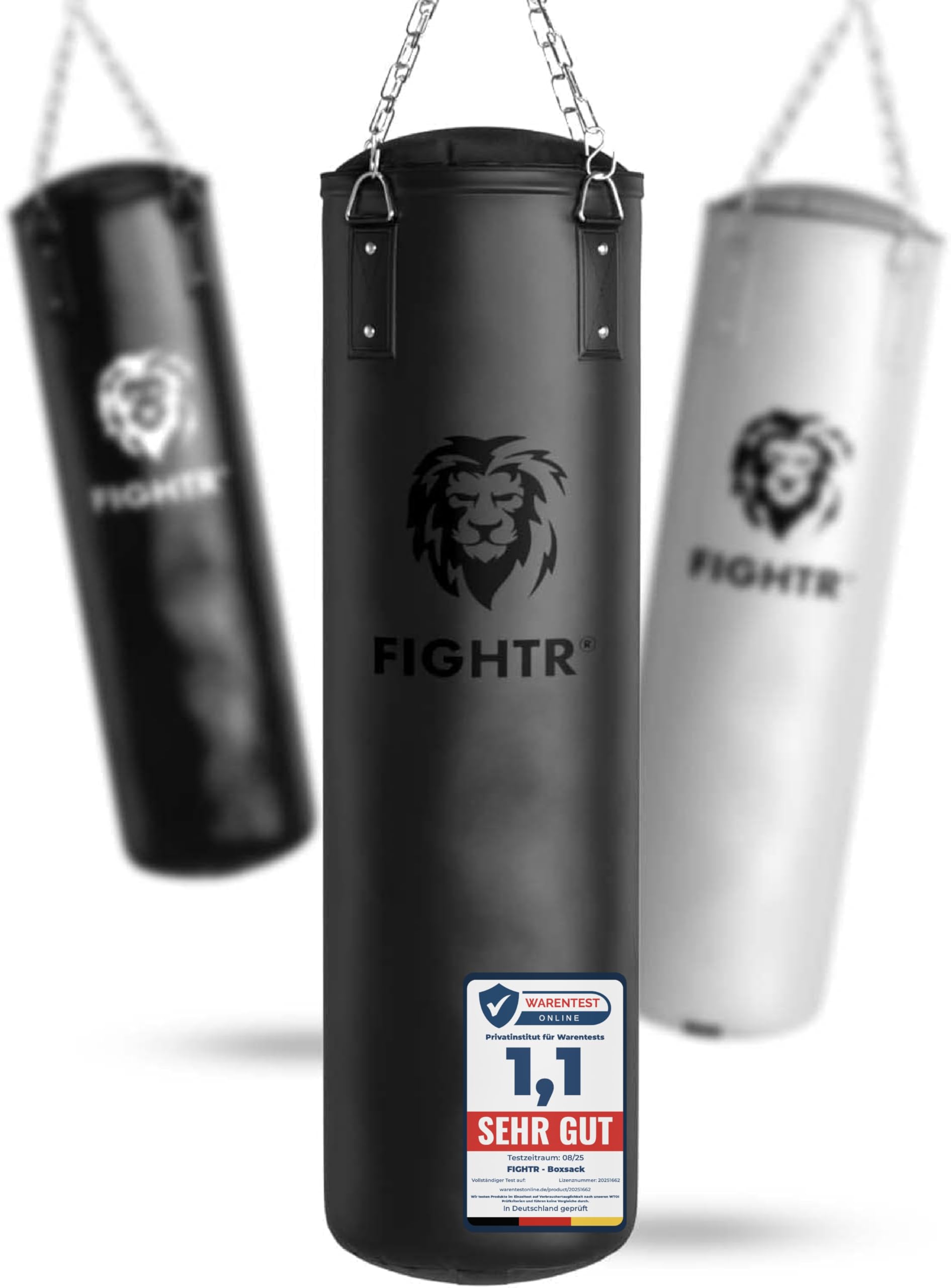 FIGHTR Boxsack ungefüllt mit 4-Punkt-Stahlkette, Schwarz/Weiss