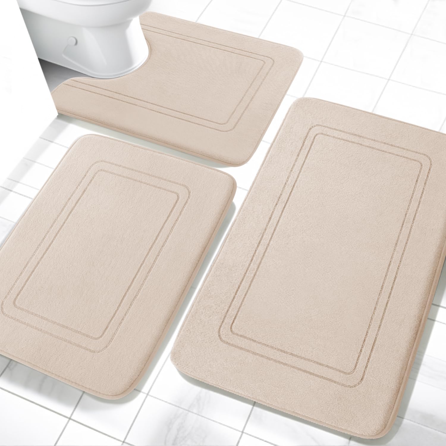 chakme Badezimmerteppich-Set 3-teilig Memory-Schaum beige, weiche Badematte und U-förmiger WC-Vorleger