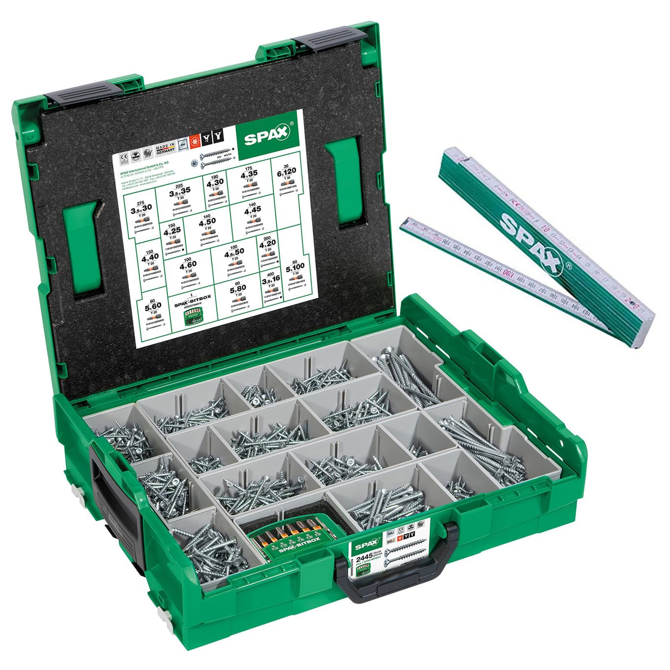 SPAX Montagekoffer L-BOXX gross – WIROX T-STAR plus Senkkopf-Set, enthält sortierte WIROX Senkkopfschrauben für bündige Holzverschraubungen.