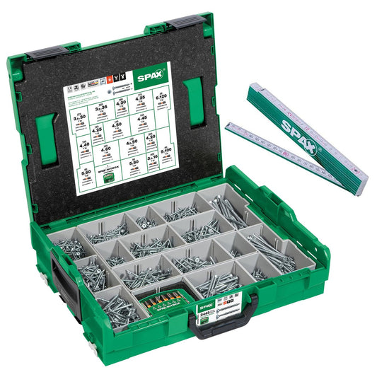 SPAX Montagekoffer L-BOXX gross – WIROX T-STAR plus Senkkopf-Set, enthält sortierte WIROX Senkkopfschrauben für bündige Holzverschraubungen.