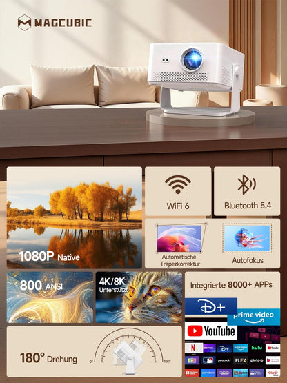 Magcubic Mini Beamer 4K 8K Unterstützt, [Android 14 & 800 ANSI] Smart Projektor Native 1080P mit WiFi 6, BT 5.4, Autofokus, Automatische Trapezkorrektur,180° Dreh,15W Lautsprecher, Projector HY450Max