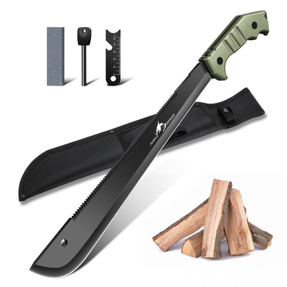 Purple Dragon MC01 Machete aus D2-Stahl, Full Tang, mit Scheide – schwarze Klinge mit Säge