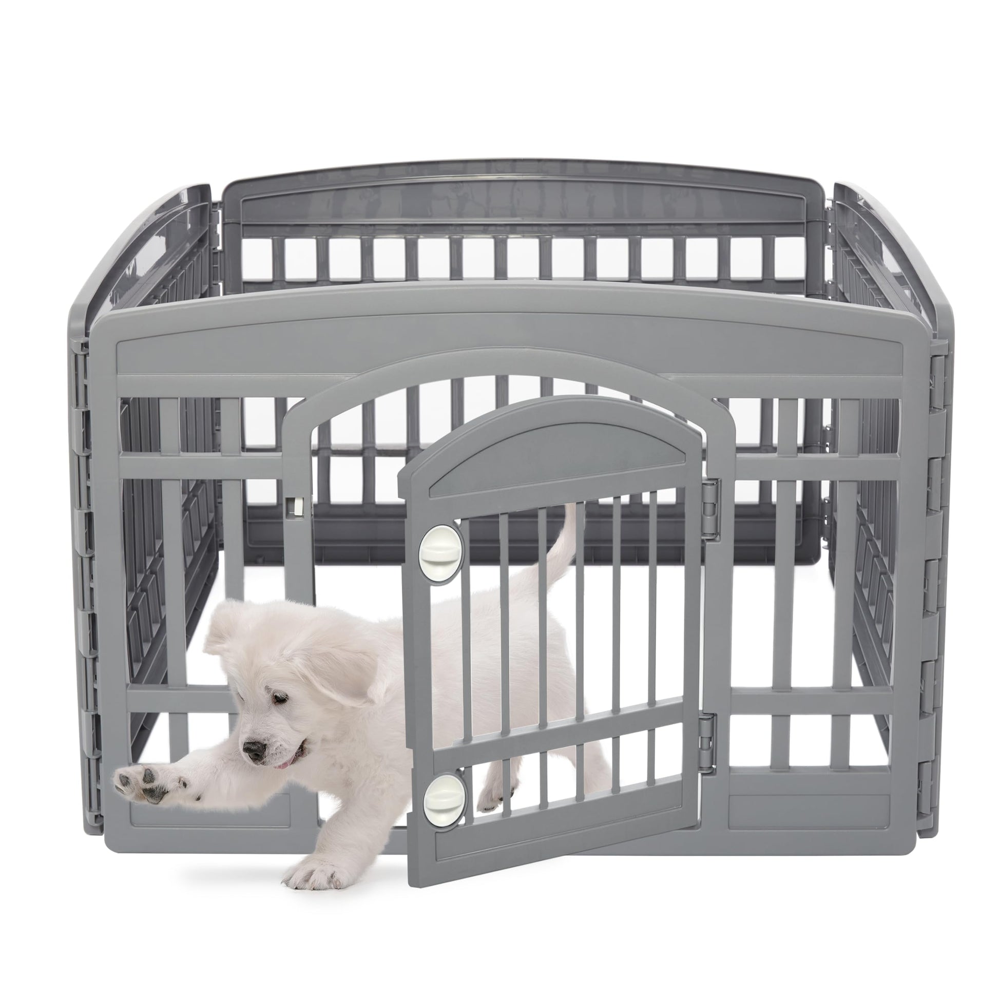 Iris Ohyama Welpenauslauf CI-604E WD, 4 graue Panele, 60cm hoch. Bietet Welpen einen sicheren Spielbereich drinnen und draußen.