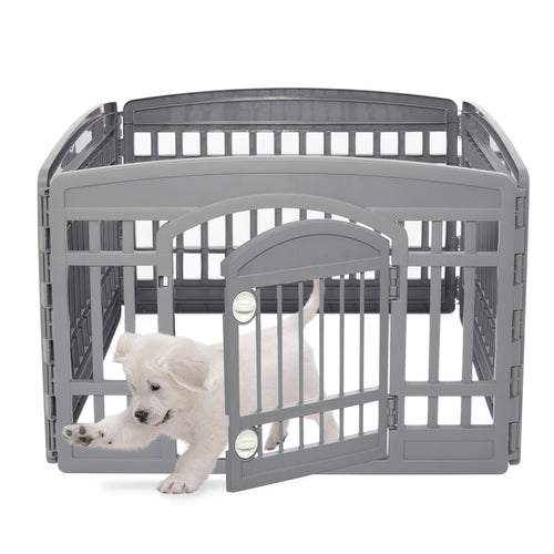Iris Ohyama Welpenauslauf CI-604E WD, 4 graue Panele, 60cm hoch. Bietet Welpen einen sicheren Spielbereich drinnen und draußen.