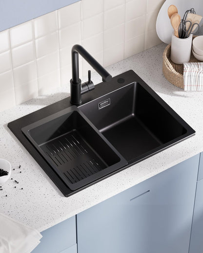 Sofetiy Granit Küchenspüle – Schwarz 60x45cm Einzelbecken. Rechteckiges Granit-Einzelbecken zum Spülen von Geschirr und Lebensmitteln.