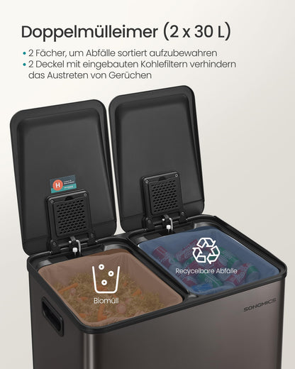 SONGMICS LTB741G01 Küchenmülleimer 2x30L 2 Fächer - Edelstahl Schiefergrau