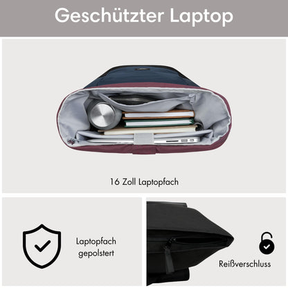 LARKSON No 4 Rolltop Rucksack mit 16 Zoll Laptopfach, blau-rot