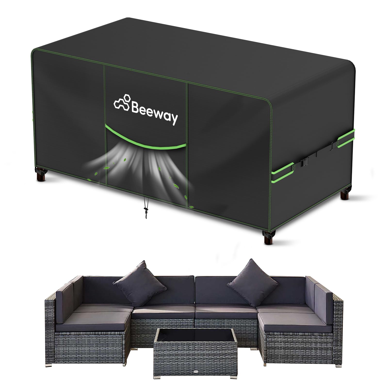 BEEWAY Gartenmöbel Abdeckung wasserdicht 300x200x92cm 420D Oxford – rechteckige Schutzhülle für Möbelsets
