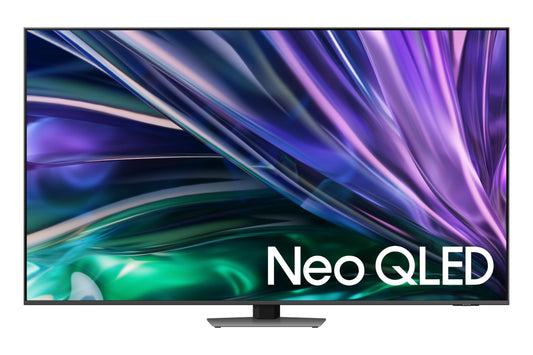 Samsung Neo QLED 4K QN85D 55 Zoll Fernseher Modell 2024. Flacher, schwarzer Bildschirm zur Anzeige von 4K-Medieninhalten.