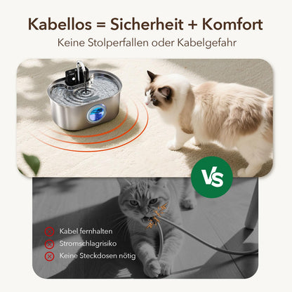 PEKTACO Katzenbrunnen Edelstahl, kabelloser Trinkbrunnen mit Akku