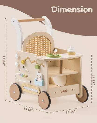 ROBUD Holz Lauflernwagen 2-in-1 - Puppenwagen Montessori Board