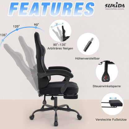 SUKIDA Gaming-Stuhl aus Stoff, ergonomisch, mit Fussstütze, schwarz