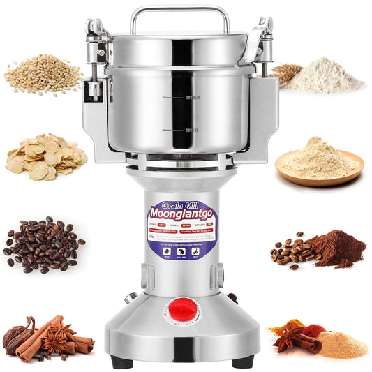 Moongiantgo Elektrische Getreidemühle – 300g Edelstahl 1500W. Kompakte Edelstahlmühle zum Mahlen von Getreide, Kräutern und Gewürzen.