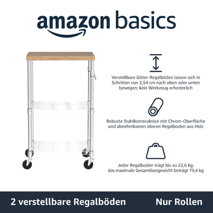 Amazon Basics Servierwagen mit Holzplatte, 3 Ebenen, Chrom