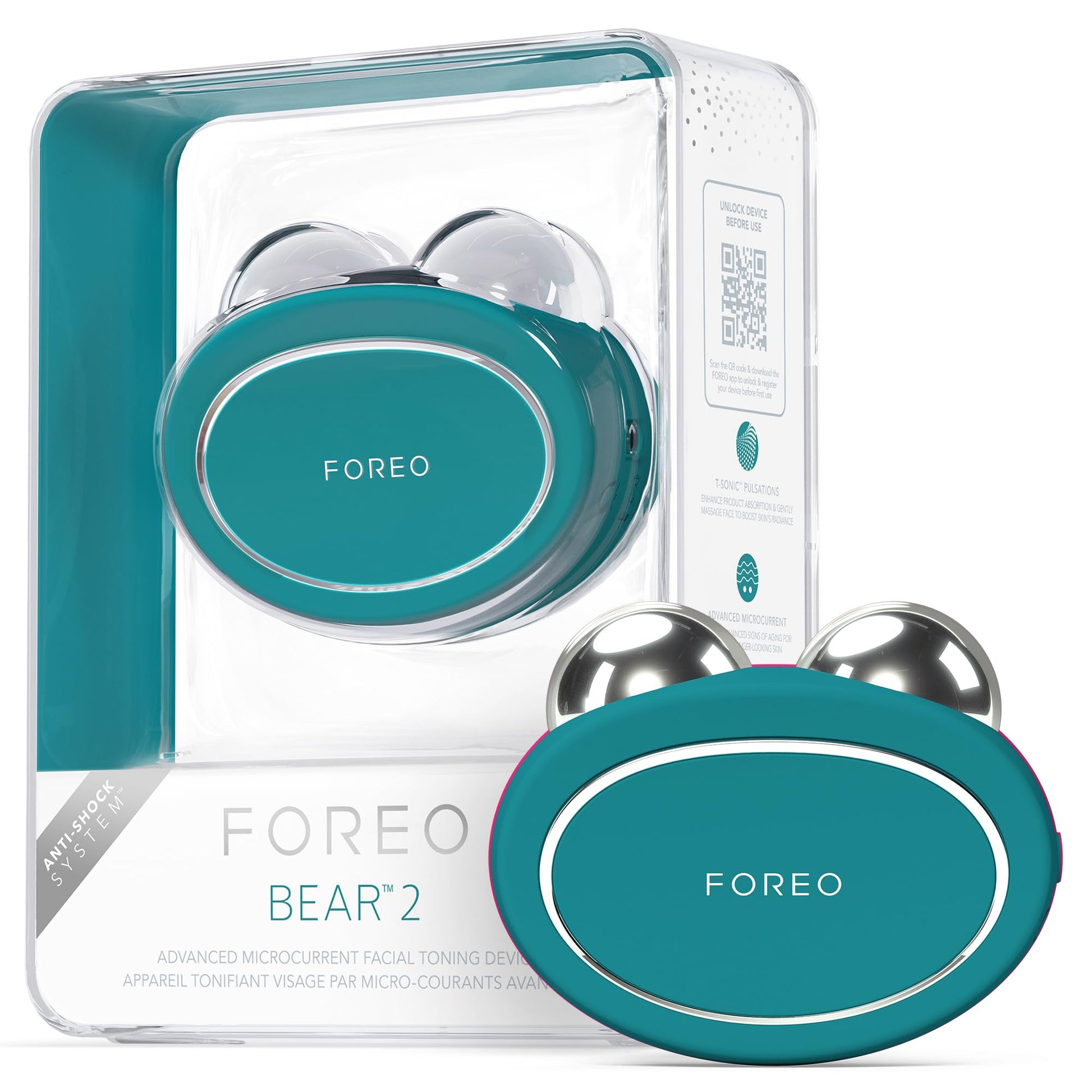 FOREO BEAR 2 Mikrostrom Gesichtsmassagegerät für Anti-Aging. Rosa Silikon mit zwei Kugeln. Strafft Haut per Mikrostrom.