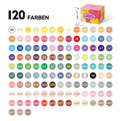 Arrtx Acrylstifte 120 Farben – Pinselspitze Wasserfest für Steine