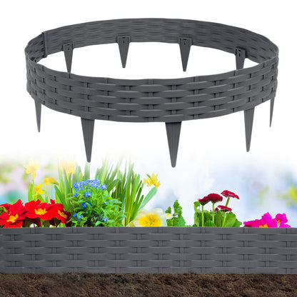 AufuN Rasenkante Rattan-Optik, 20 m Beeteinfassung, Anthrazit, biegbare Kunststoffelemente mit Erdspitzen