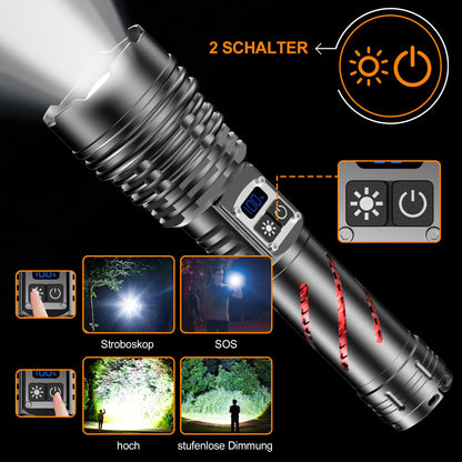Relybo GT221 LED-Taschenlampe, USB aufladbar, stufenlos dimmbar