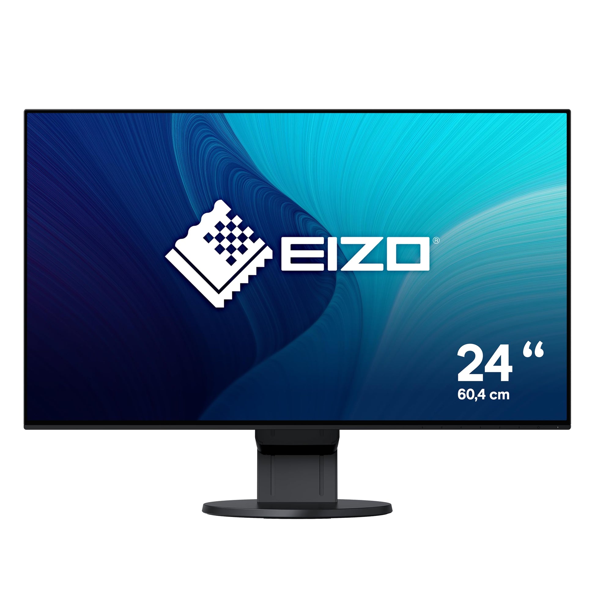 EIZO FlexScan EV2451-BK Ultra-Slim Monitor 23.8 Zoll. Schwarzer, schlanker Bildschirm zeigt digitale Inhalte am Arbeitsplatz an.