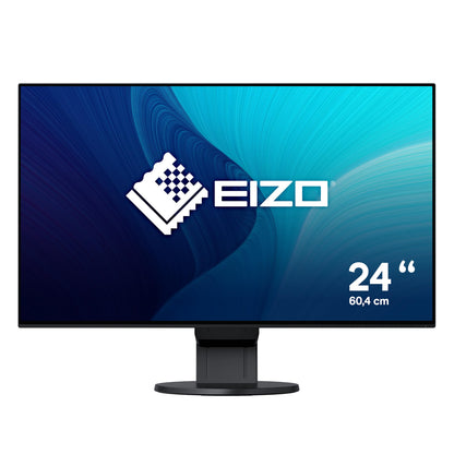 EIZO FlexScan EV2451-BK Ultra-Slim Monitor 23.8 Zoll. Schwarzer, schlanker Bildschirm zeigt digitale Inhalte am Arbeitsplatz an.