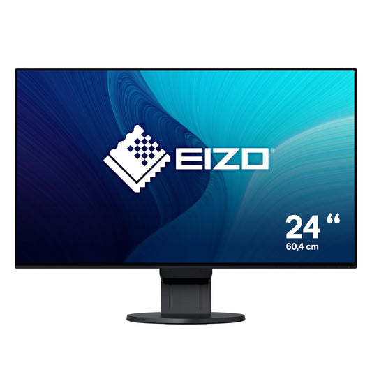 EIZO FlexScan EV2451-BK Ultra-Slim Monitor 23.8 Zoll. Schwarzer, schlanker Bildschirm zeigt digitale Inhalte am Arbeitsplatz an.