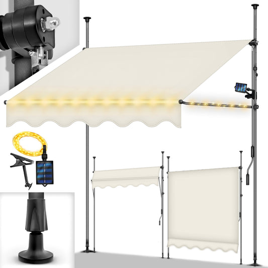 tillvex Klemmmarkise Handkurbel Balkonmarkise – Sand LED 200cm. Sandfarbene 200cm Markise mit LEDs für Sonnenschutz am Balkon.