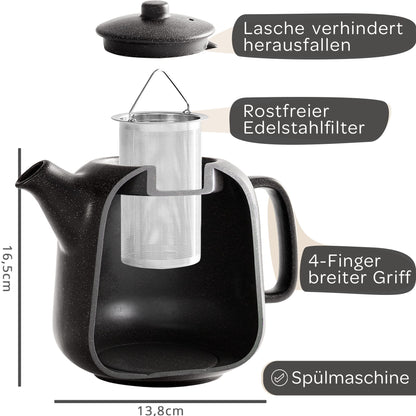 STEINZEIT Design Teekanne Keramik 1,3 L mit Edelstahlsieb, schwarz