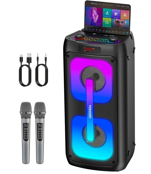 Gesnada K68 Karaoke-Anlage mit 2 Funkmikrofonen und Bluetooth, tragbar, mit LED-Beleuchtung
