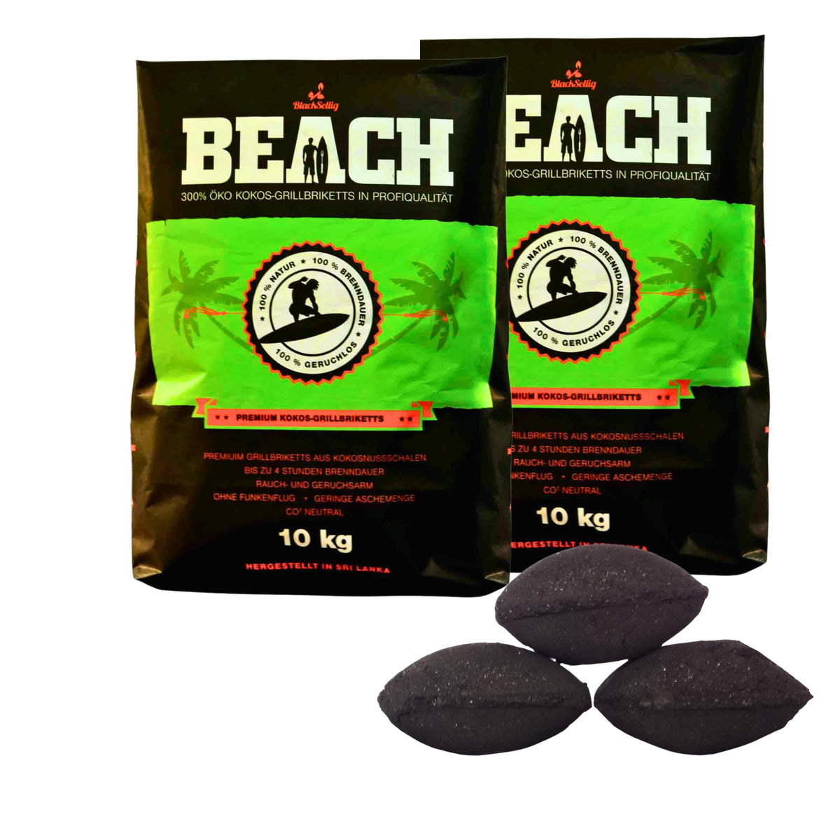 BlackSellig Beach Kokos Grillbriketts 20 kg für BBQ & Smoker, schwarze Briketts aus Kokosnussschalen