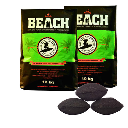 BlackSellig Beach Kokos Grillbriketts 20 kg für BBQ & Smoker, schwarze Briketts aus Kokosnussschalen