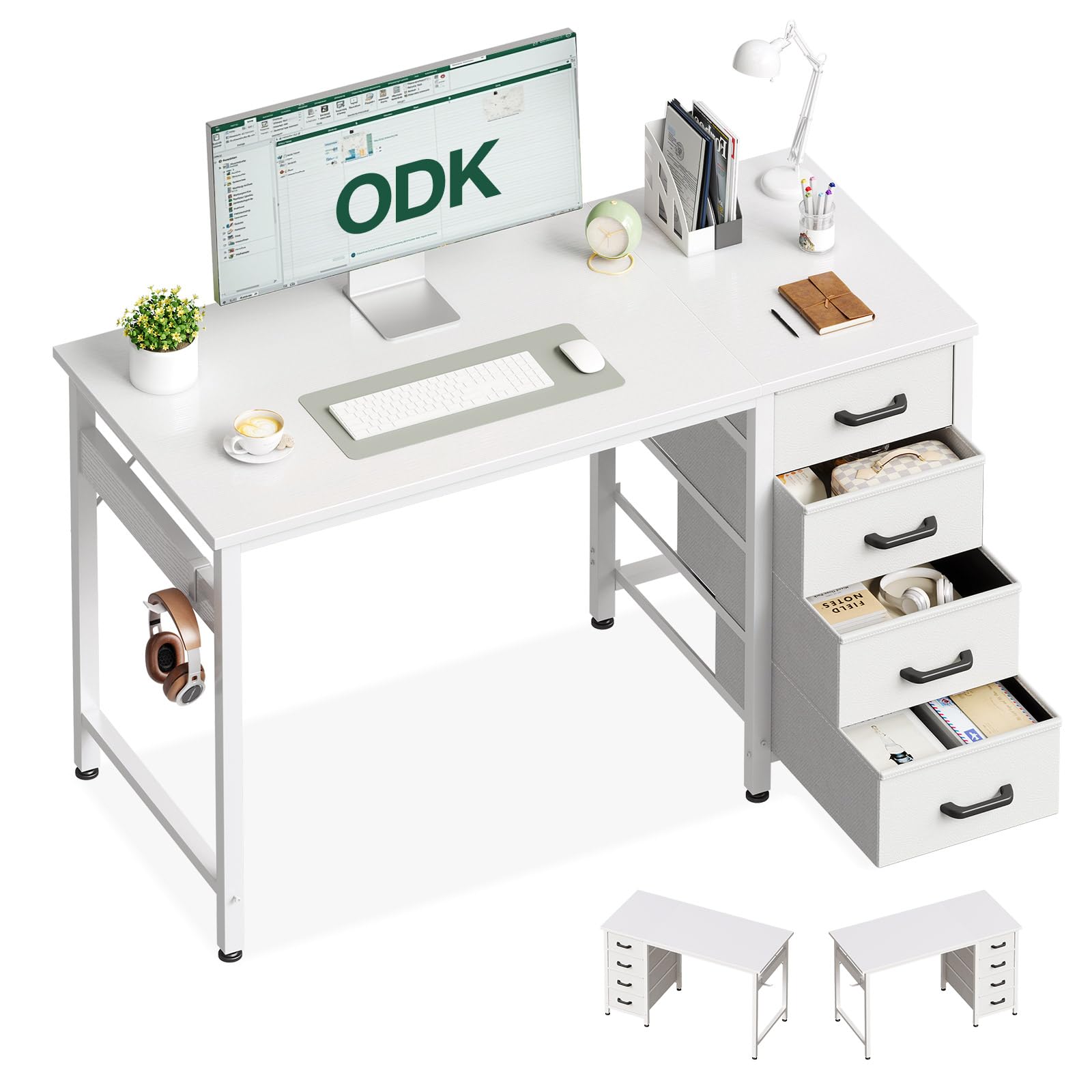 ODK Schreibtisch mit 4 Schubladen, Computertisch 100 x 48 cm, weiss