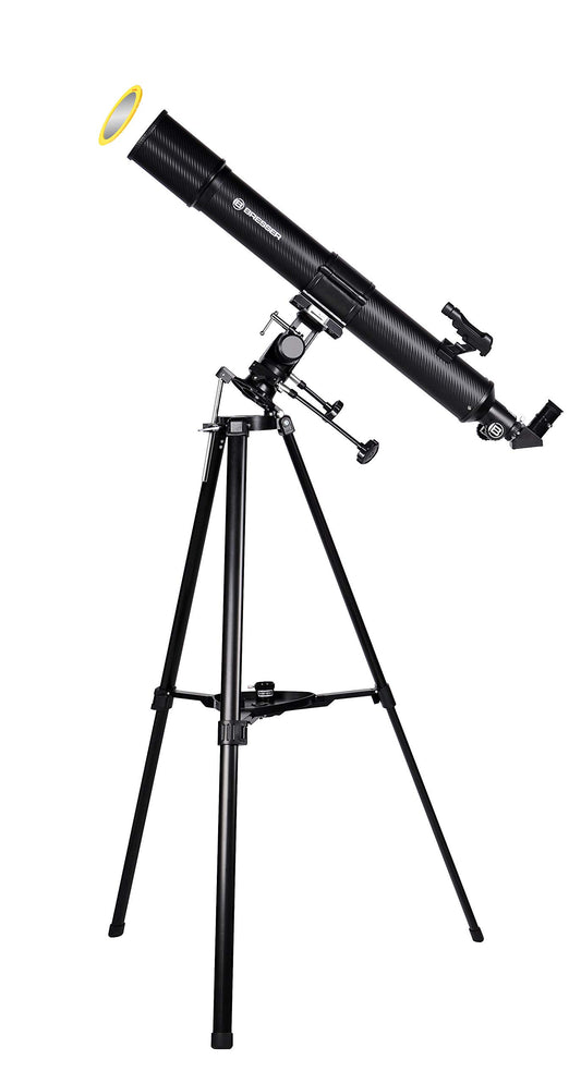 Bresser Taurus NG 90/900 Refraktor Teleskop – Sonnenfilter & Smartphone Adapter. Refraktor auf Montierung für Himmels-, Sonnen- & Astrofotografie per Smartphone.