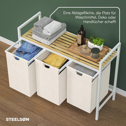 STEELSØN Rigil Wäschesammler – 3-Fach, Bambus Ablage Weiss