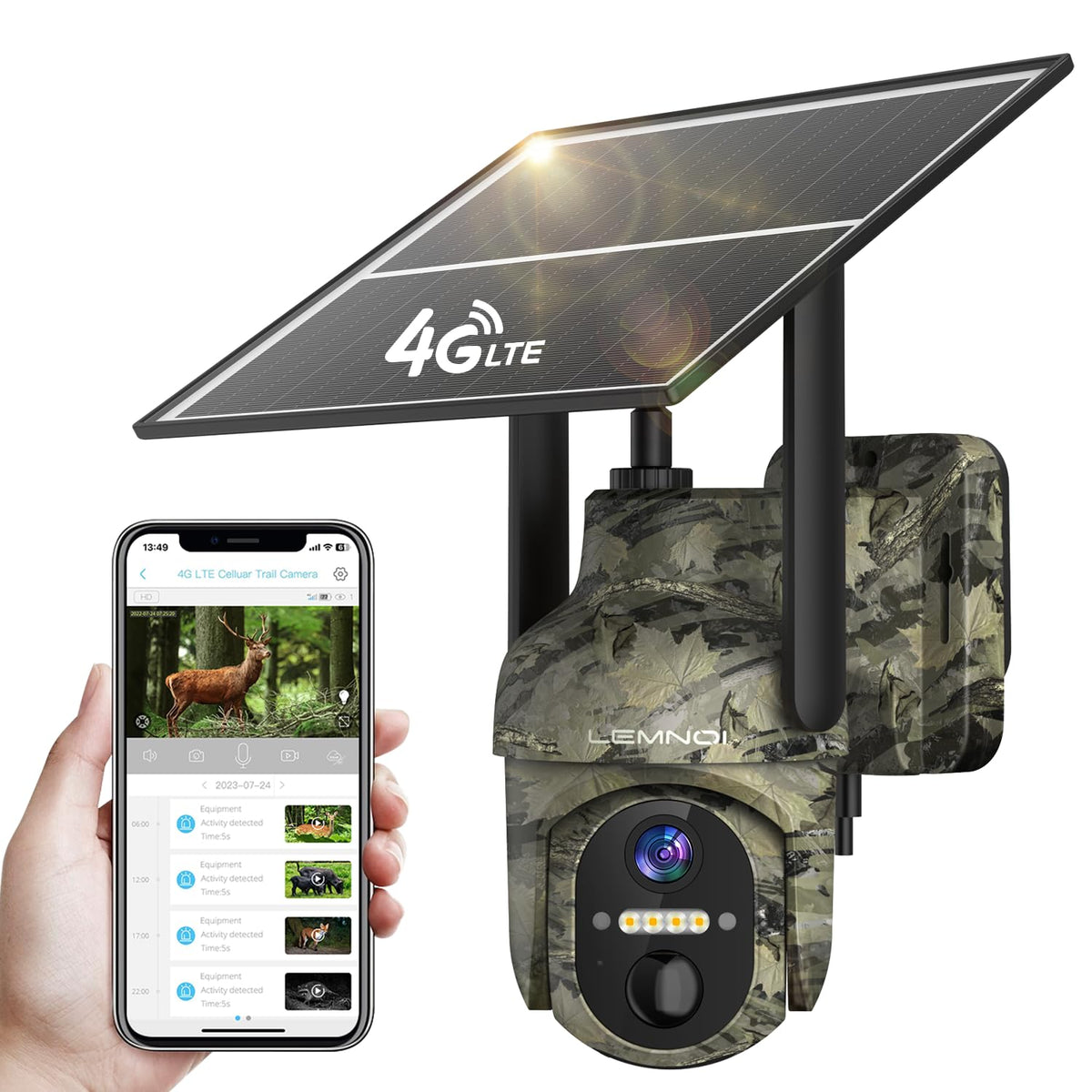 Lemnoi 4G LTE Solar Wildkamera S72 mit 2K Farbnachtsicht in Tarnfarbe mit Solarpanel
