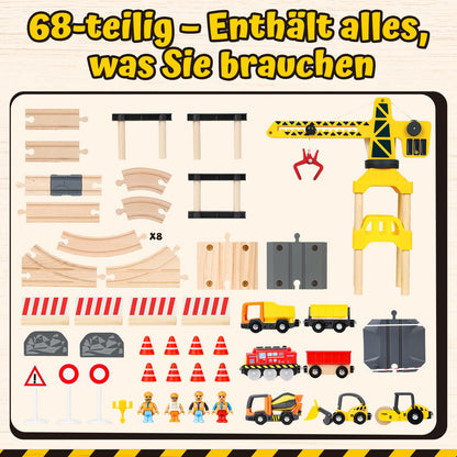 Lehoo Castle Holzeisenbahn Set mit Elektrolok und Kran, 68-teilig