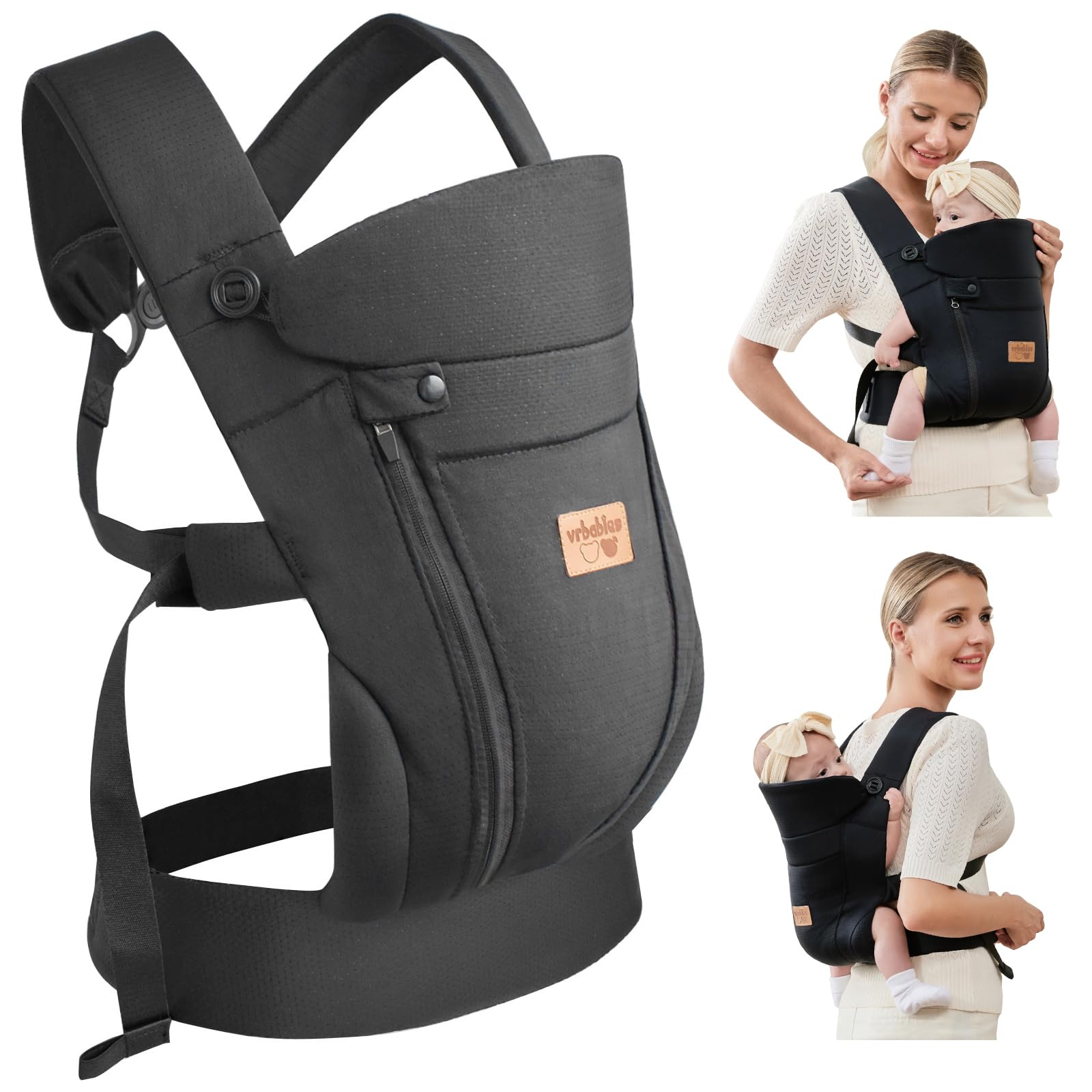 vrbabies Babytrage für Neugeborene ab Geburt, ergonomisch, schwarz, mit atmungsaktivem 3D-Mesh