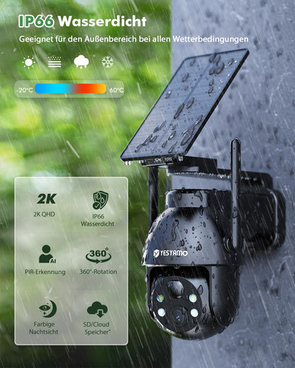 YESYAMO 2K Überwachungskamera Aussen WLAN Solar PTZ - 2er Set