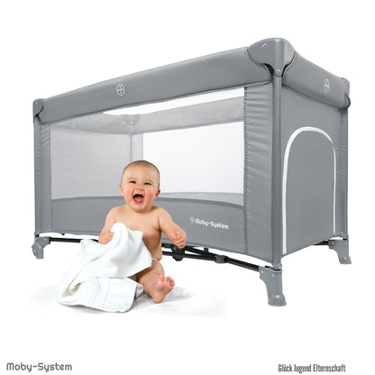 Moby-System Baby Reisebett 128x68 cm, faltbar mit Matratze, grau
