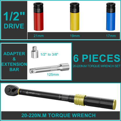 ANPUDS Drehmomentschlüssel 1/2 Zoll 20-220 Nm Set mit Stecknüssen
