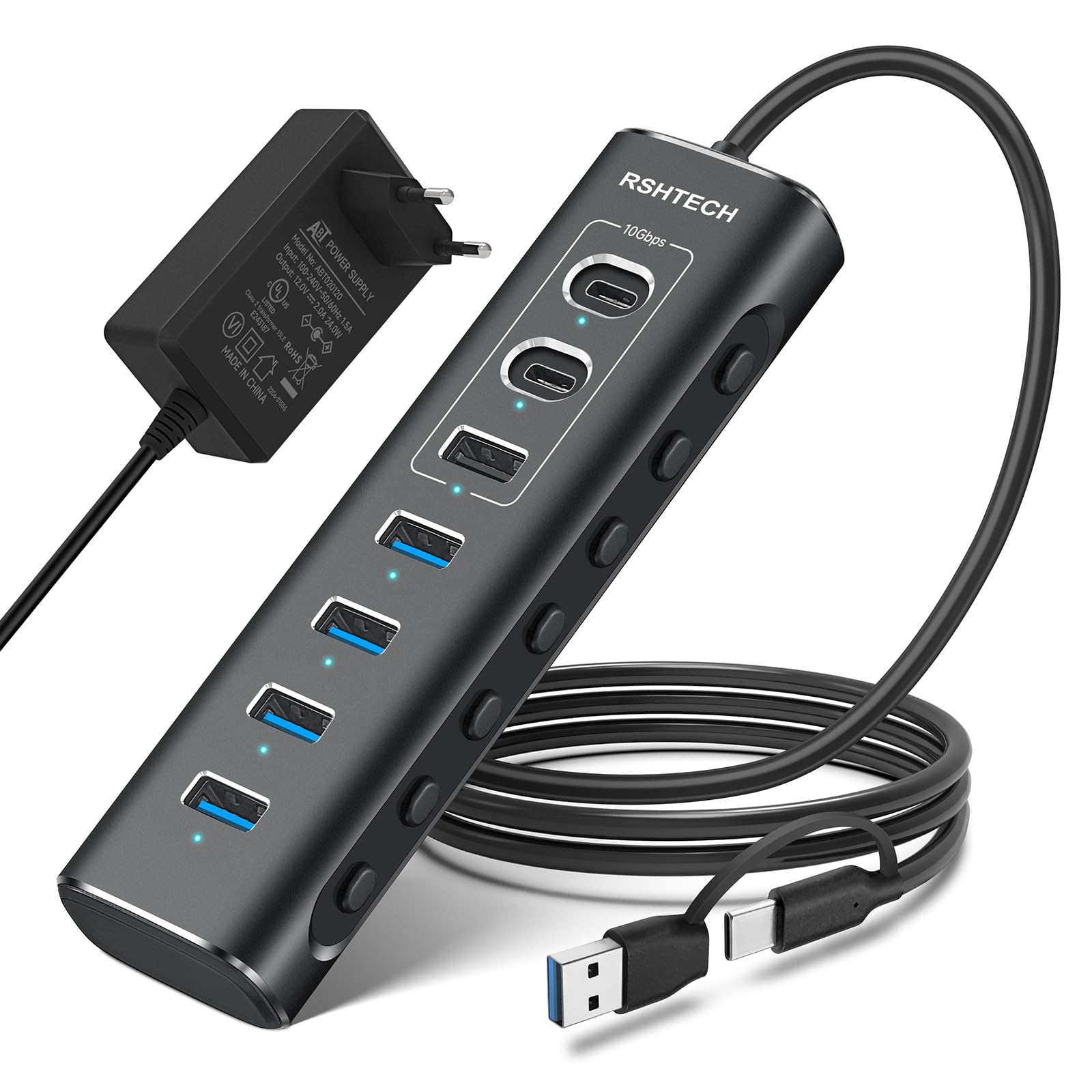 RSHTECH RSH-A107C aktiver 7-Port USB-C-Hub, Aluminium, 24W Netzteil
